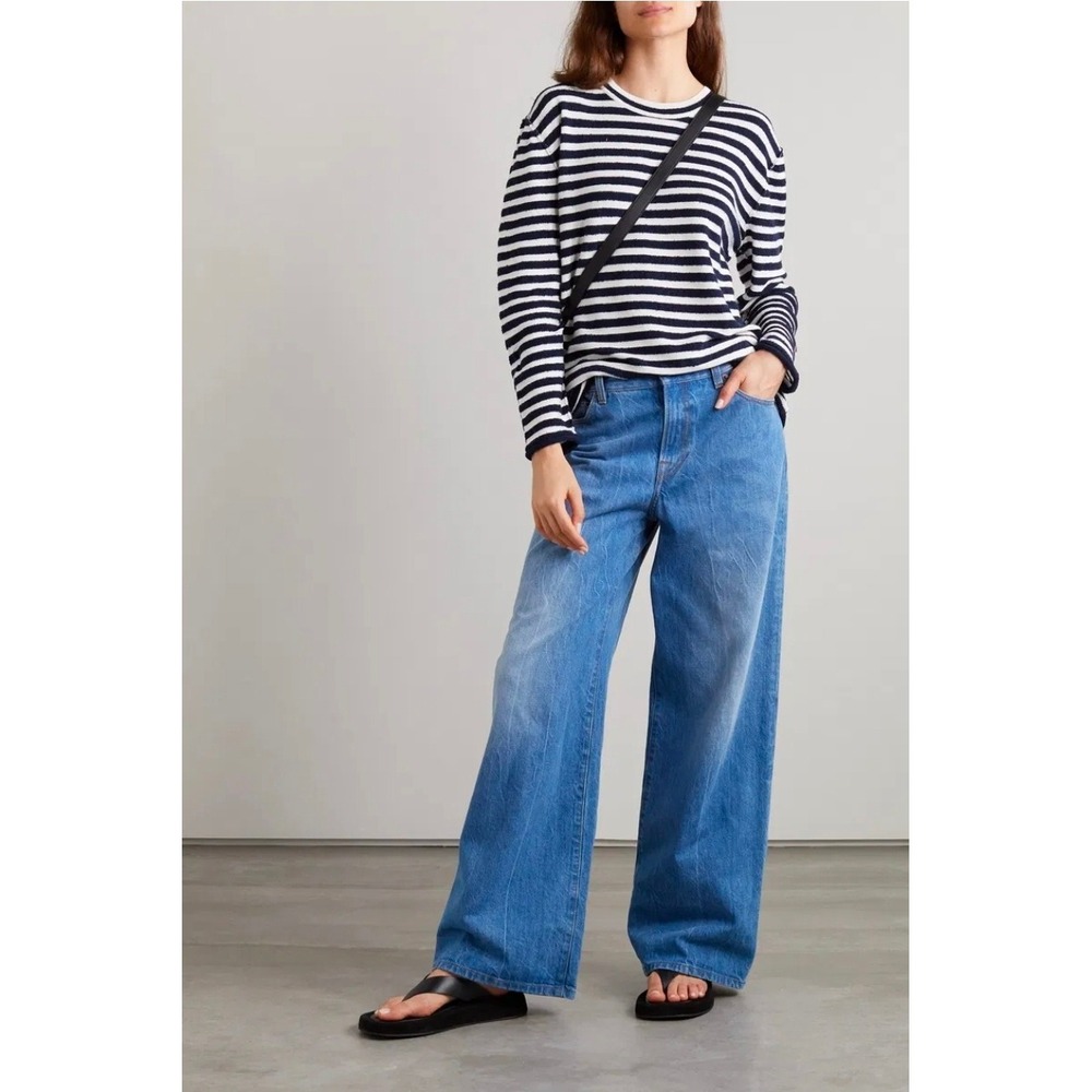 The Row Giusti Stripe Blue Cream Long Sleeve Sweatshirt Top 2X Cashmere Silk